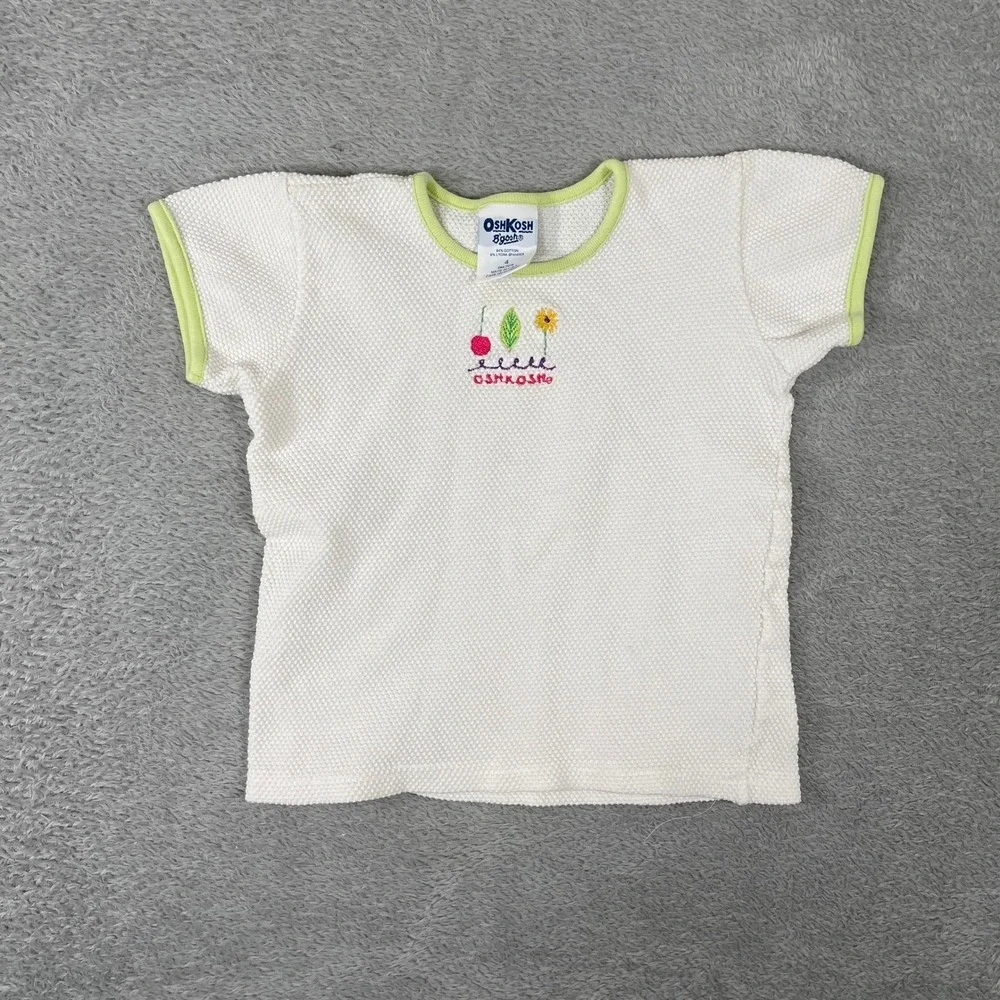 OshKosh Bgosh Shirt Kids 4 White Ringer Waffle Knit Cherry Sunflower USA Vintage
